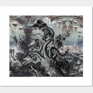 GIANT SQUID GRASPS A SAILOR Thousand Leagues Under the Sea Crespo Island Posters and Art